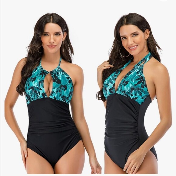 Black/Blue Tropical Print Halter Top Tummy Control Swimsuit Size Large NWOT - Picture 1 of 4